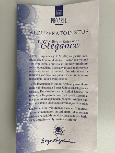 Birger Kaipiainen - ELEGANCE /2  Wall Plate Pro Arte Arabia Finland (numbered) in Box