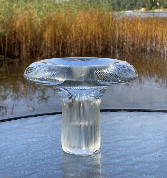 Clear art glass sculpture on a reflective surface with natural background